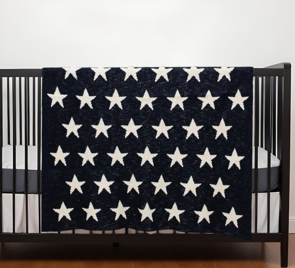 Navy Blue And White Stars Knitted Baby Blanket HomeRoots