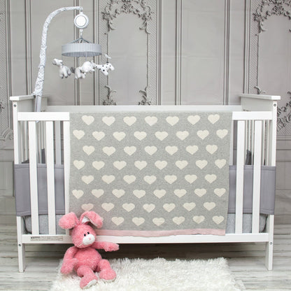 Grey And Ivory Hearts Knitted Baby Blanket