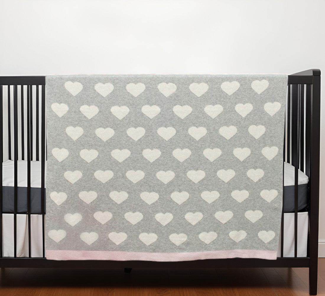 Grey And Ivory Hearts Knitted Baby Blanket