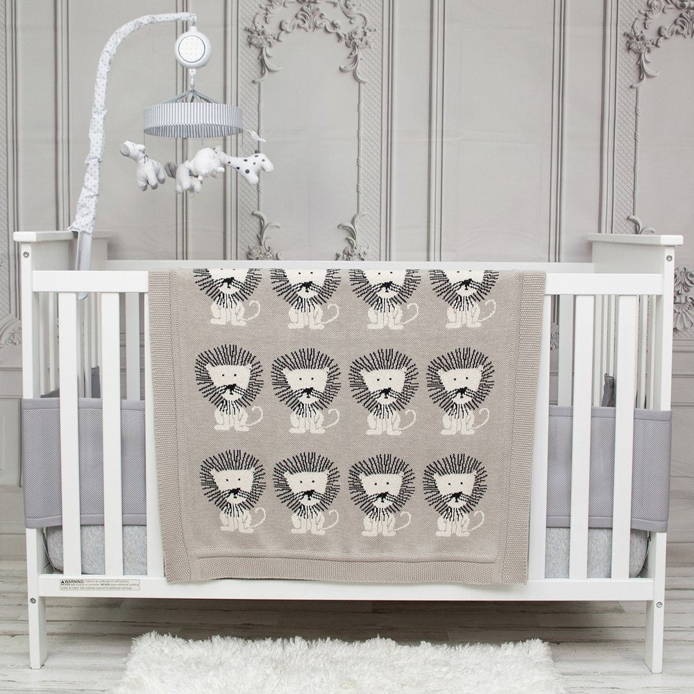 Grey Lots Of Lions Woven Knitted Baby Blanket HomeRoots