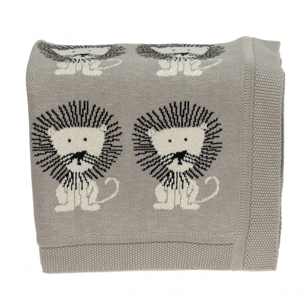 Grey Lots Of Lions Woven Knitted Baby Blanket HomeRoots