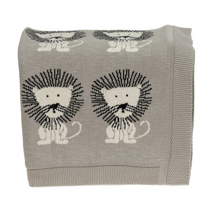 Grey Lots Of Lions Woven Knitted Baby Blanket HomeRoots