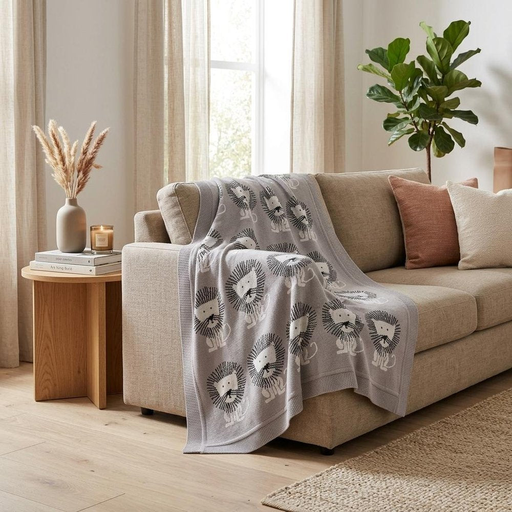 Grey Lots Of Lions Woven Knitted Baby Blanket HomeRoots