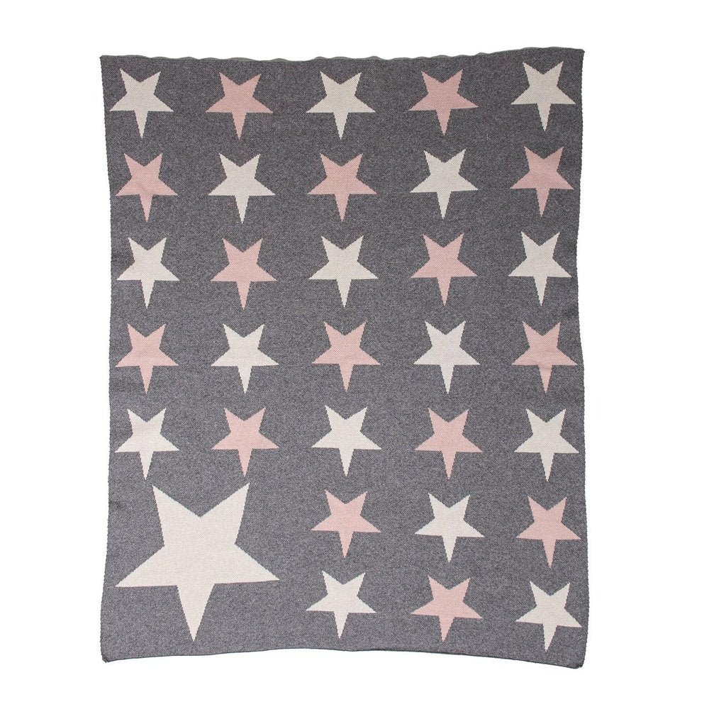 Grey Ivory And Pink Stars Knitted Baby Blanket — view 1