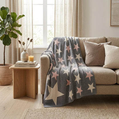 Grey Ivory And Pink Stars Knitted Baby Blanket HomeRoots