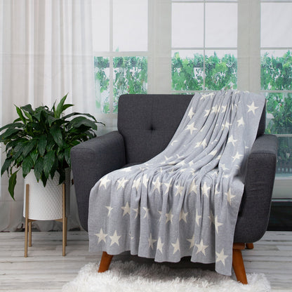 Gray And White Stars Knitted Throw Blanket