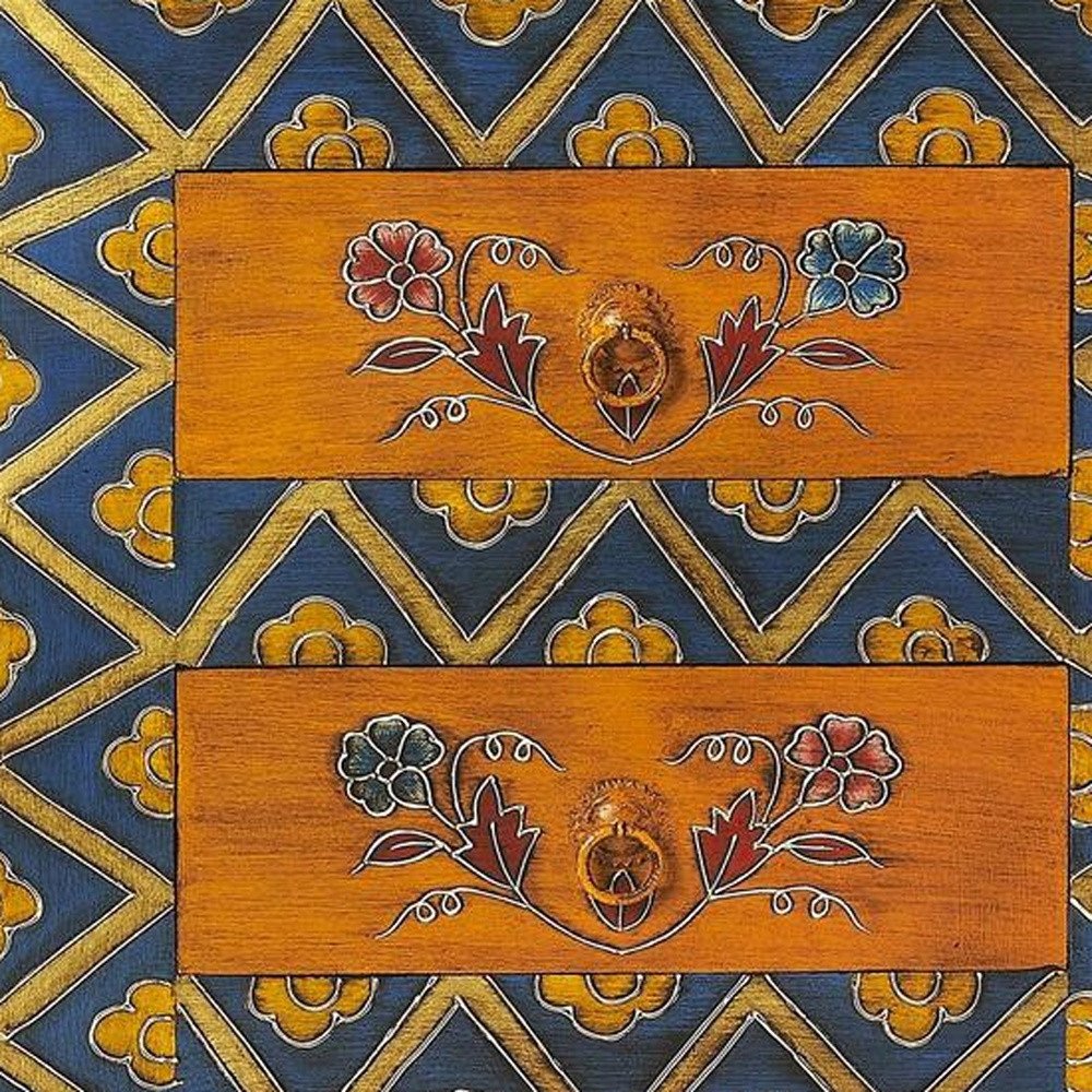 20" Blue and Brown Hand Painted Wood Accent Cabinet With Three Drawers HomeRoots