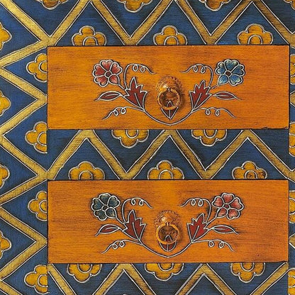 20" Blue and Brown Hand Painted Wood Accent Cabinet With Three Drawers HomeRoots