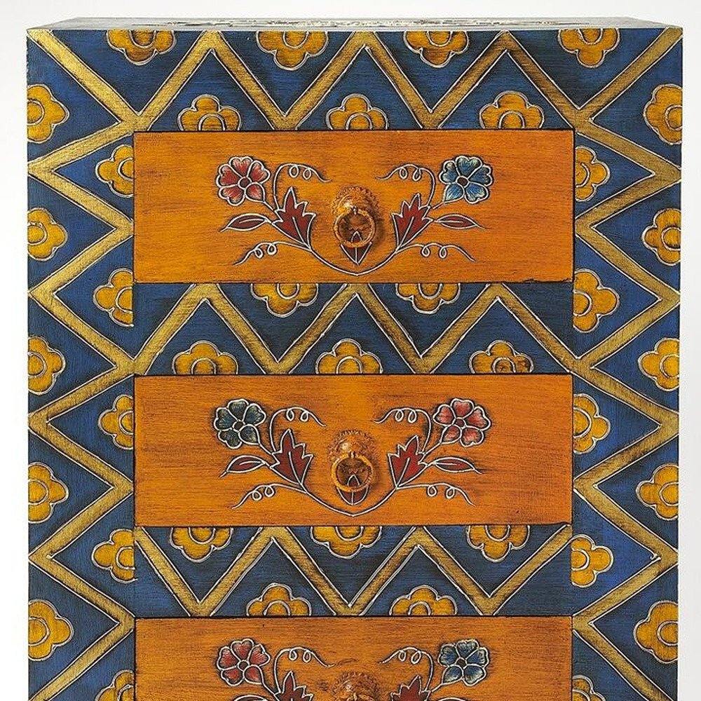 20" Blue and Brown Hand Painted Wood Accent Cabinet With Three Drawers HomeRoots