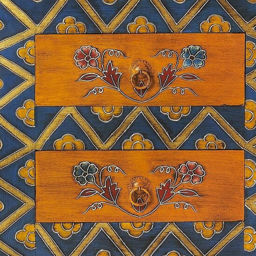 20" Blue and Brown Hand Painted Wood Accent Cabinet With Three Drawers HomeRoots