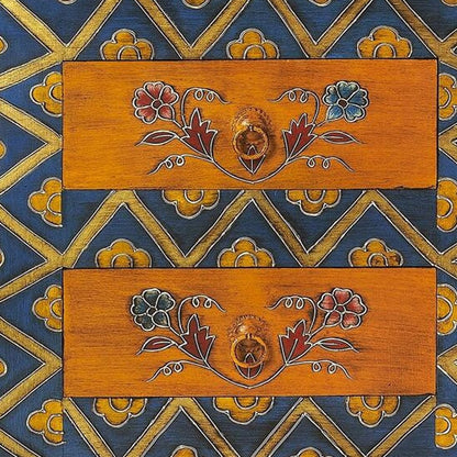 20" Blue and Brown Hand Painted Wood Accent Cabinet With Three Drawers HomeRoots