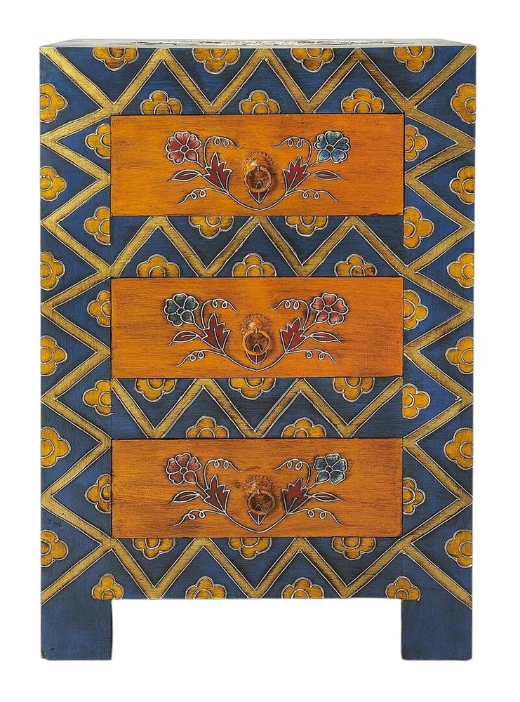 20" Blue and Brown Hand Painted Wood Accent Cabinet With Three Drawers HomeRoots