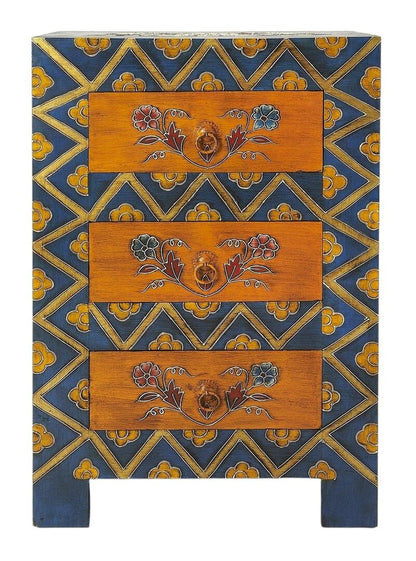 20" Blue and Brown Hand Painted Wood Accent Cabinet With Three Drawers HomeRoots