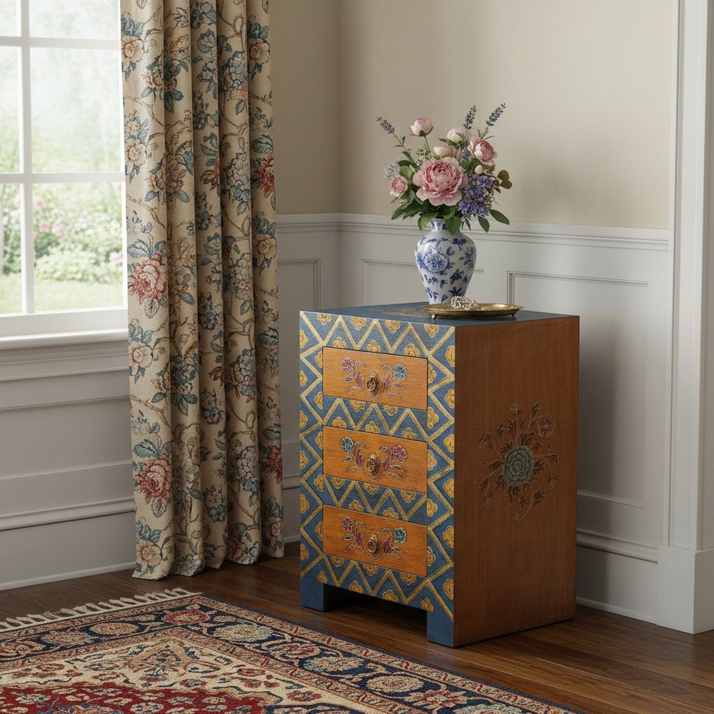 20" Blue and Brown Hand Painted Wood Accent Cabinet With Three Drawers HomeRoots
