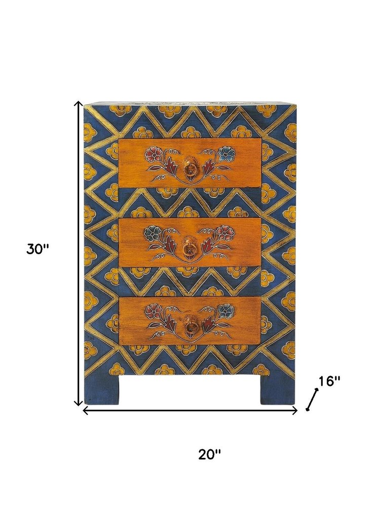 20" Blue and Brown Hand Painted Wood Accent Cabinet With Three Drawers HomeRoots