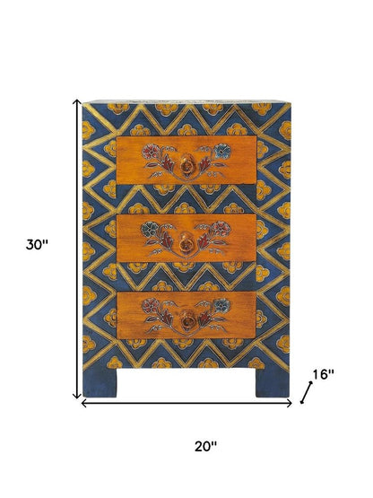 20" Blue and Brown Hand Painted Wood Accent Cabinet With Three Drawers HomeRoots