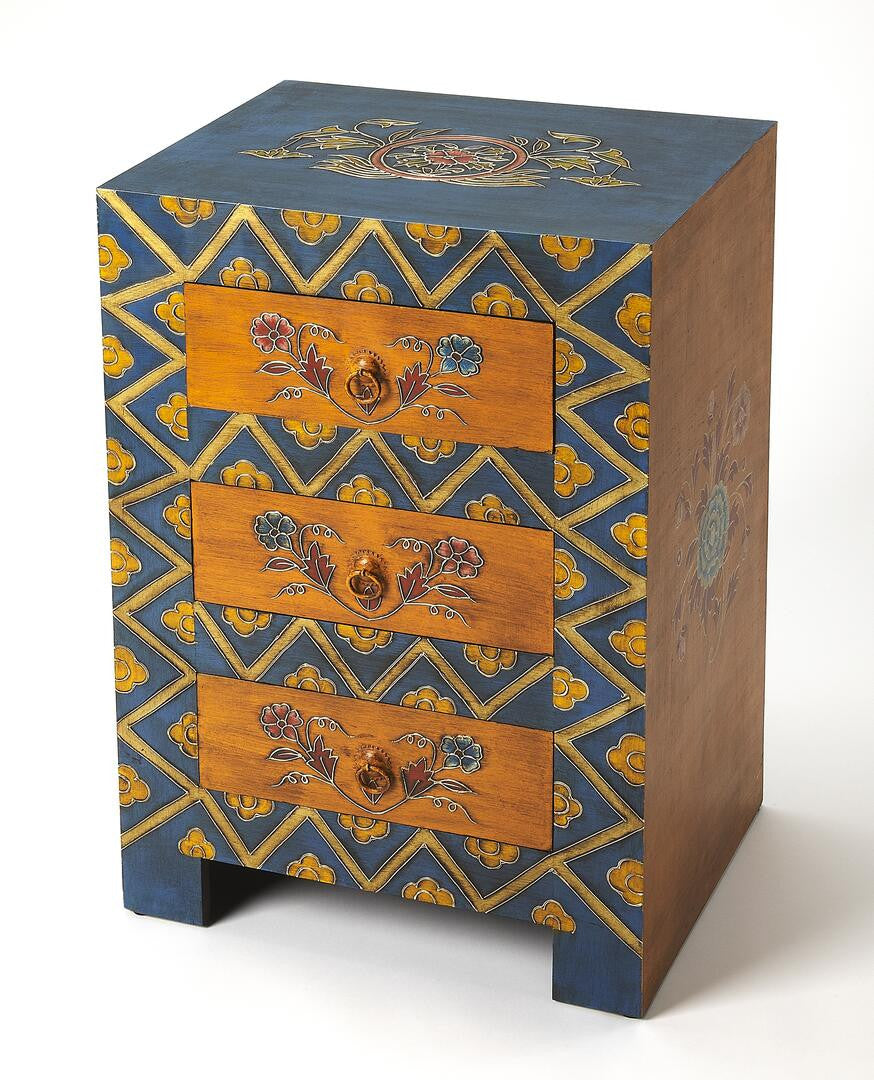 20" Blue and Brown Hand Painted Wood Accent Cabinet With Three Drawers HomeRoots
