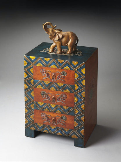 20" Blue and Brown Hand Painted Wood Accent Cabinet With Three Drawers HomeRoots