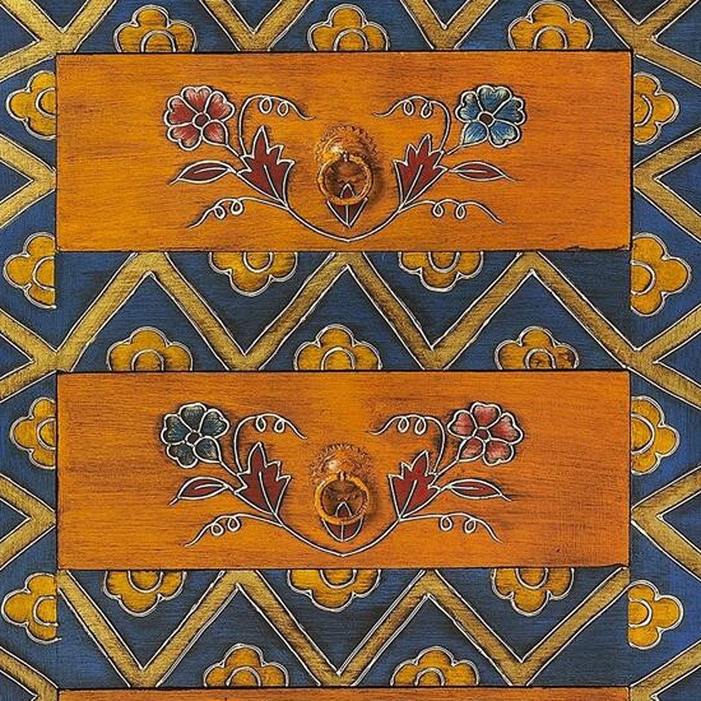 20" Blue and Brown Hand Painted Wood Accent Cabinet With Three Drawers HomeRoots