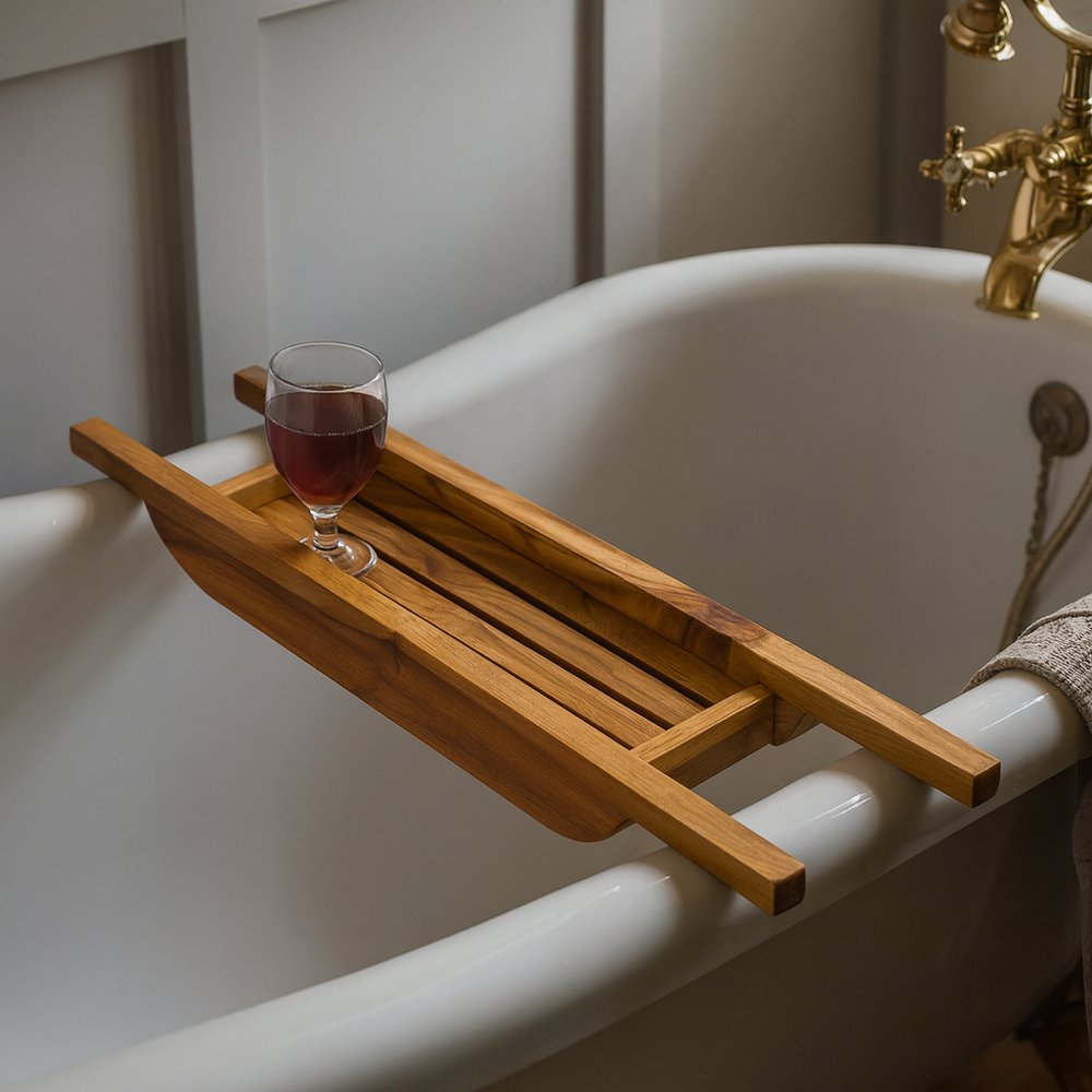 4" X 30" Natural Teak Over Tub Rectangular Bath Caddy Shelf HomeRoots
