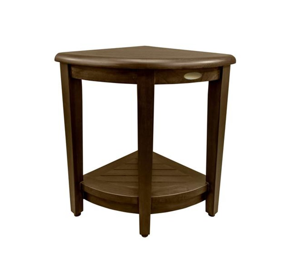 Curvilinear Dark Brown Teak 18" Corner Shower Bench With Shelf HomeRoots