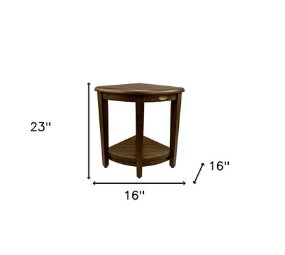 Curvilinear Dark Brown Teak 18" Corner Shower Bench With Shelf HomeRoots