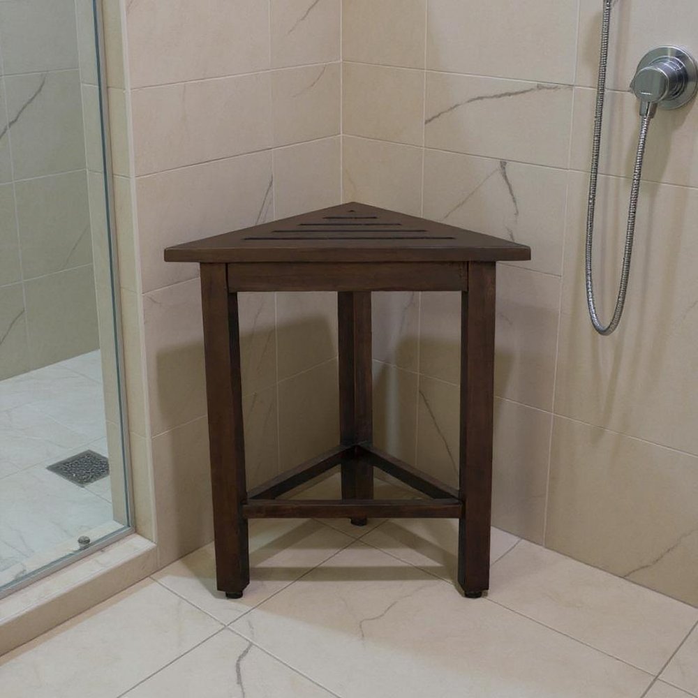 17" Dark Brown Teak Corner Shower Bench HomeRoots