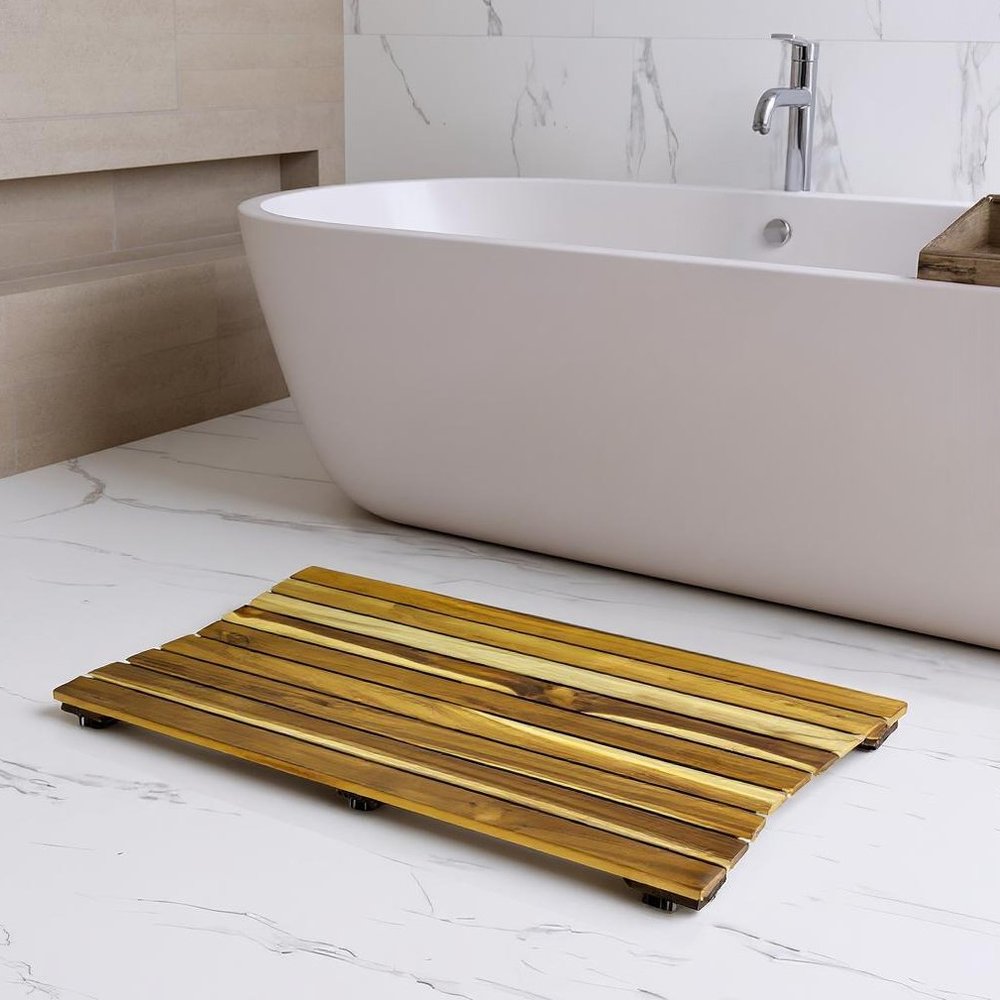 23" Brown Teak Slat Non Slip Bath Mat HomeRoots
