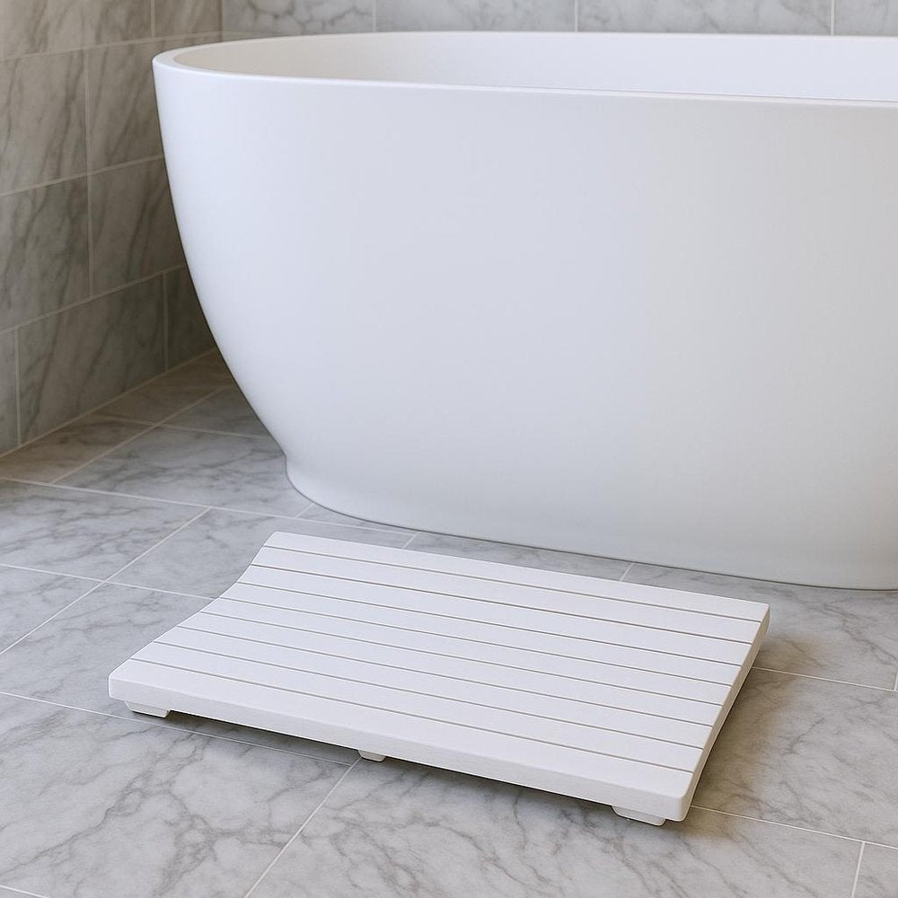 23" White Teak Slat Non Slip Bath Mat HomeRoots