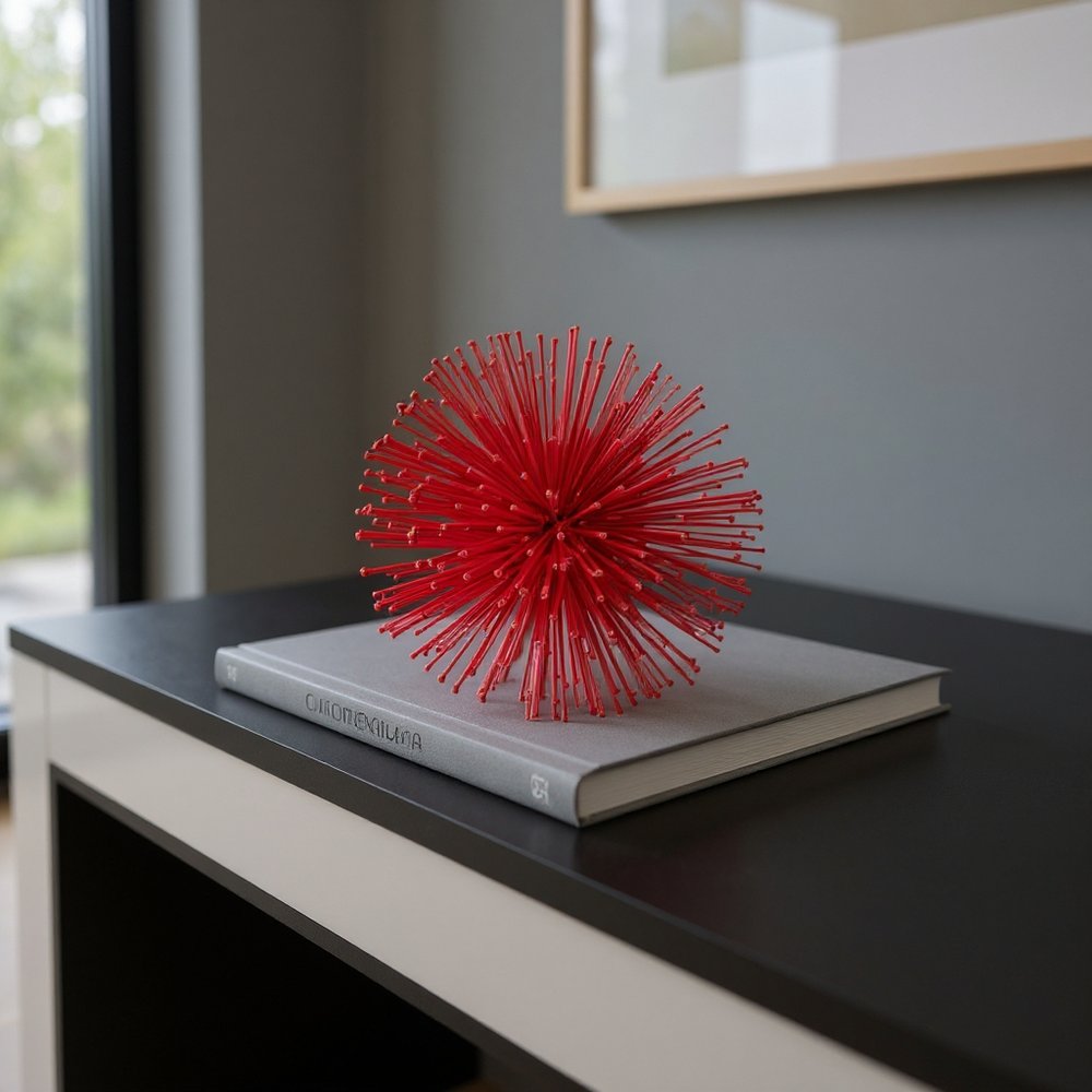 Set of Two Red Iron Decorative Spiky Sphere Tabletop Sculpture HomeRoots