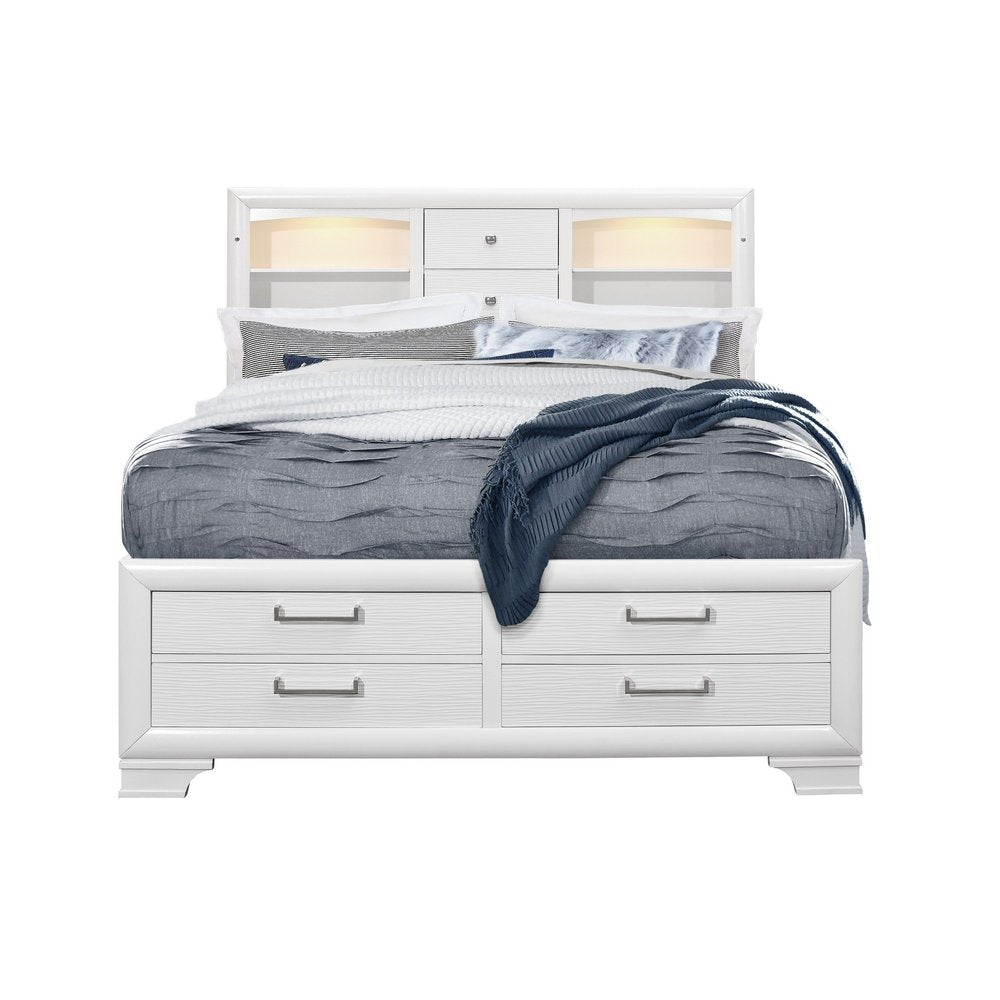 White Solid Wood Lighted Full Bed Frame With Drawers HomeRoots