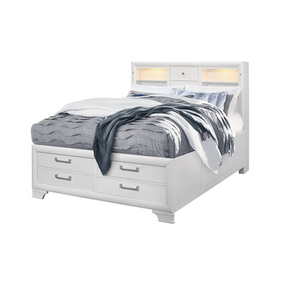 White Solid Wood Lighted Full Bed Frame With Drawers HomeRoots