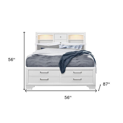 White Solid Wood Lighted Full Bed Frame With Drawers HomeRoots
