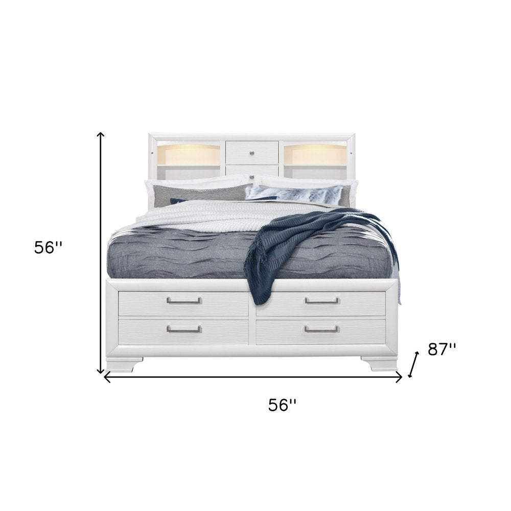 White Solid Wood Lighted Full Bed Frame With Drawers HomeRoots
