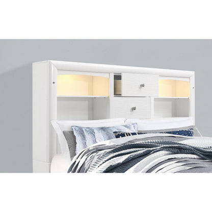 White Solid Wood Lighted Full Bed Frame With Drawers
