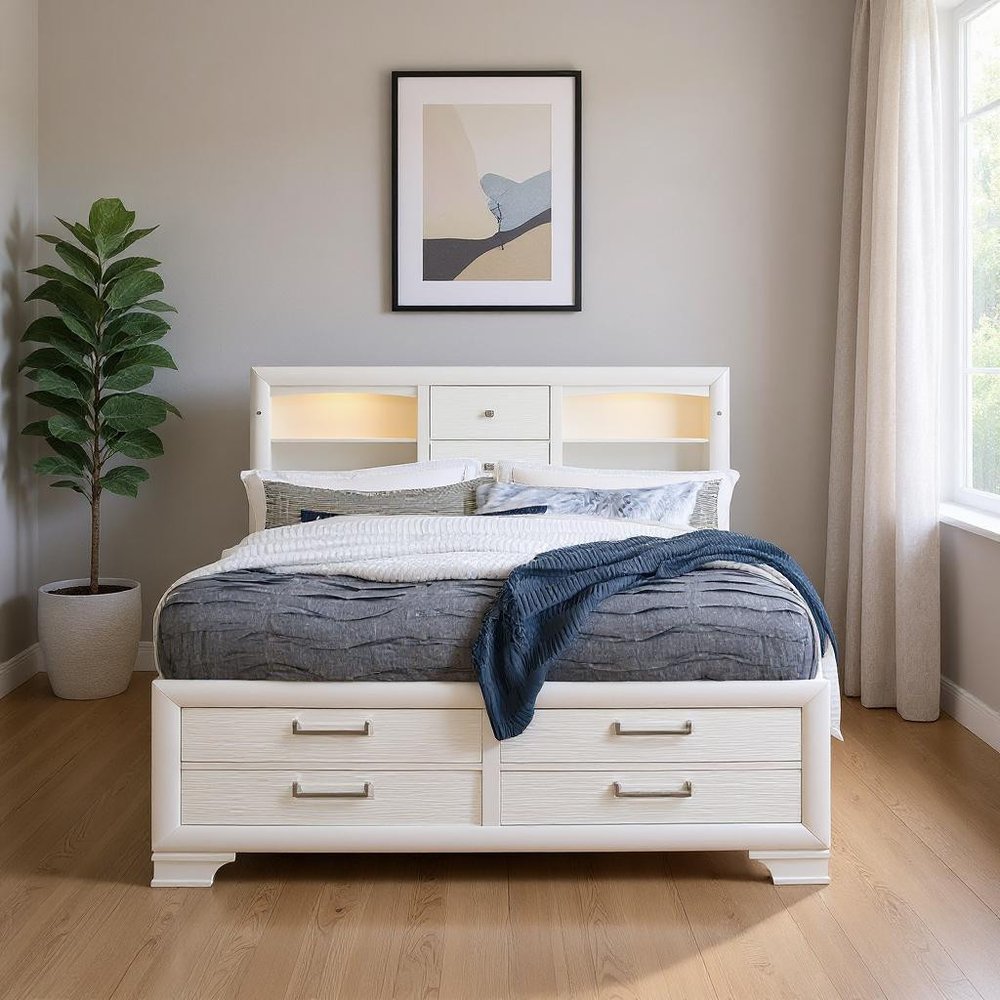 White Solid Wood Lighted Full Bed Frame With Drawers HomeRoots