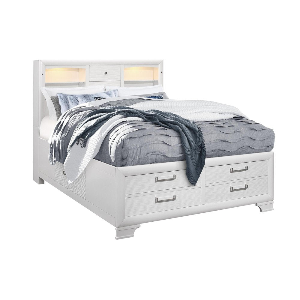 White Solid Wood Lighted Full Bed Frame With Drawers — view 8