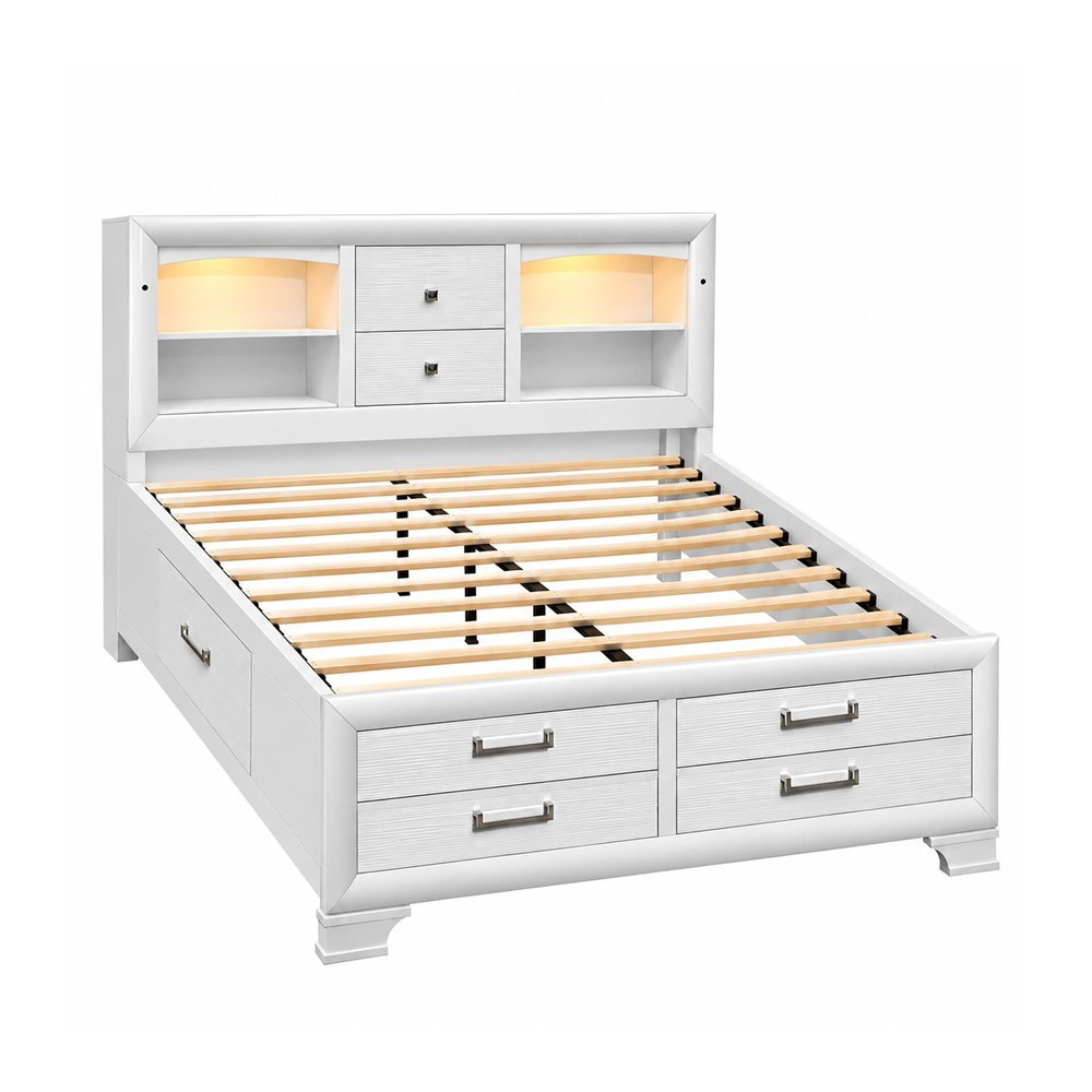 White Solid Wood Lighted Full Bed Frame With Drawers