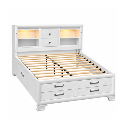 White Solid Wood Lighted Full Bed Frame With Drawers