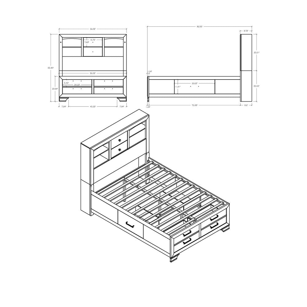 White Solid Wood Lighted Full Bed Frame With Drawers