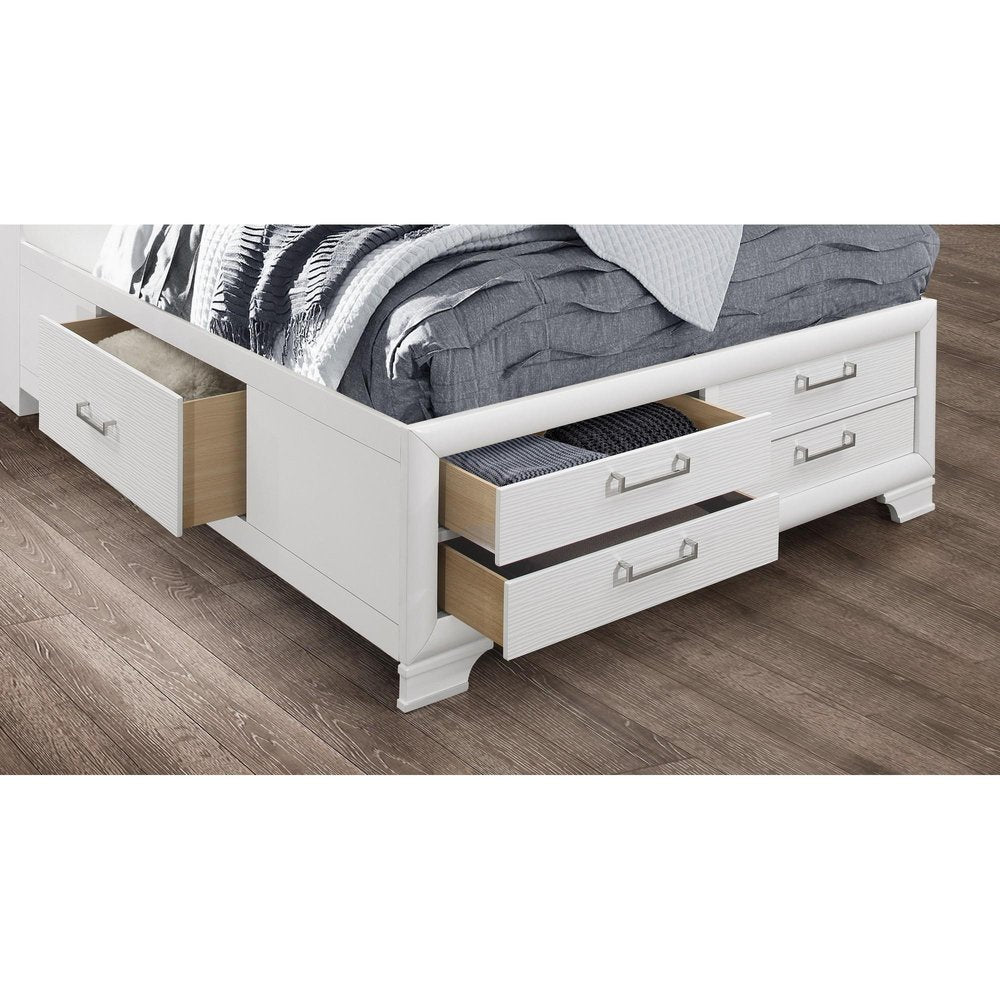 White Solid Wood Lighted King Bed Frame With Drawers HomeRoots