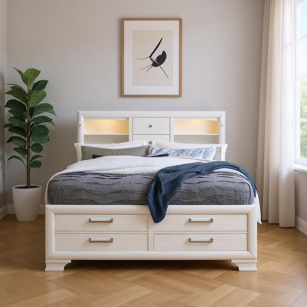 White Solid Wood Lighted King Bed Frame With Drawers HomeRoots