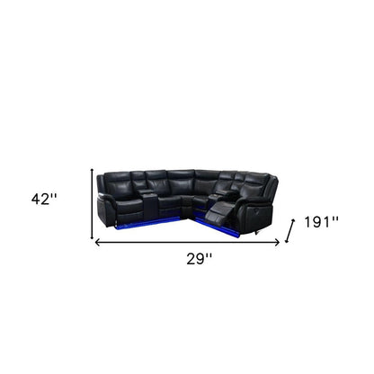 Black Polyester Blend Power Reclining L Shaped Three Piece Corner Sectional With Console HomeRoots