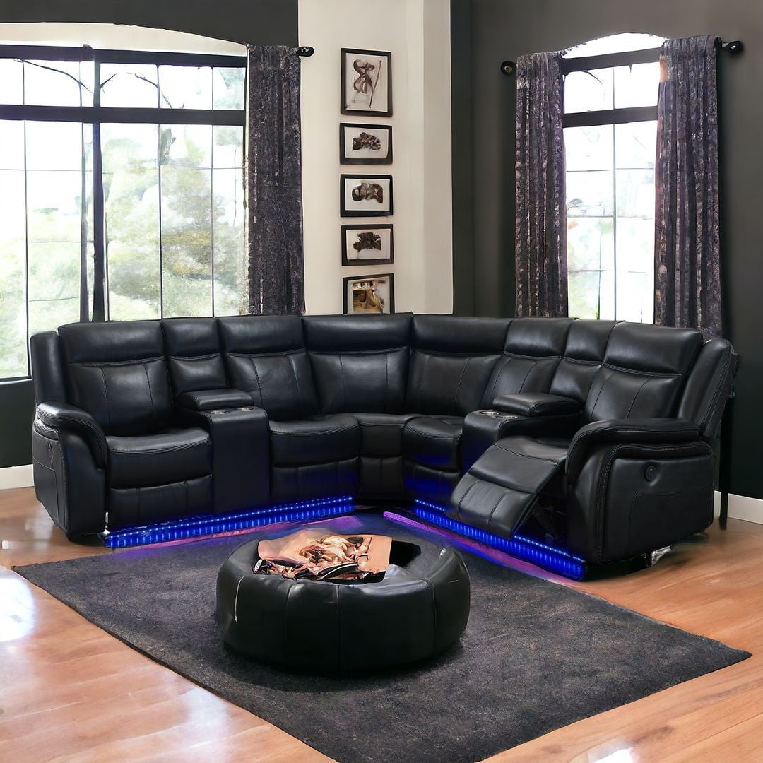 Black Polyester Blend Power Reclining L Shaped Three Piece Corner Sectional With Console