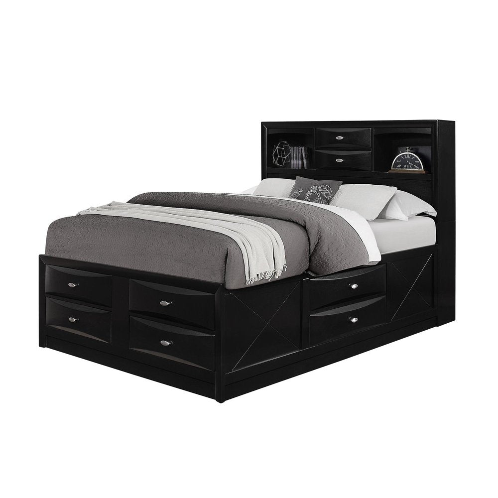 Black Solid Wood Queen Bed Frame With Eight Drawers — view 8