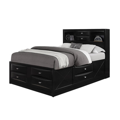 Black Solid Wood Queen Bed Frame With Eight Drawers