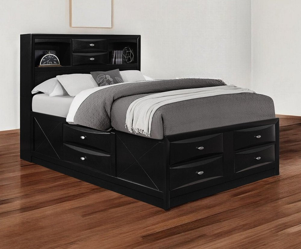 Black Solid Wood Queen Bed Frame With Eight Drawers HomeRoots