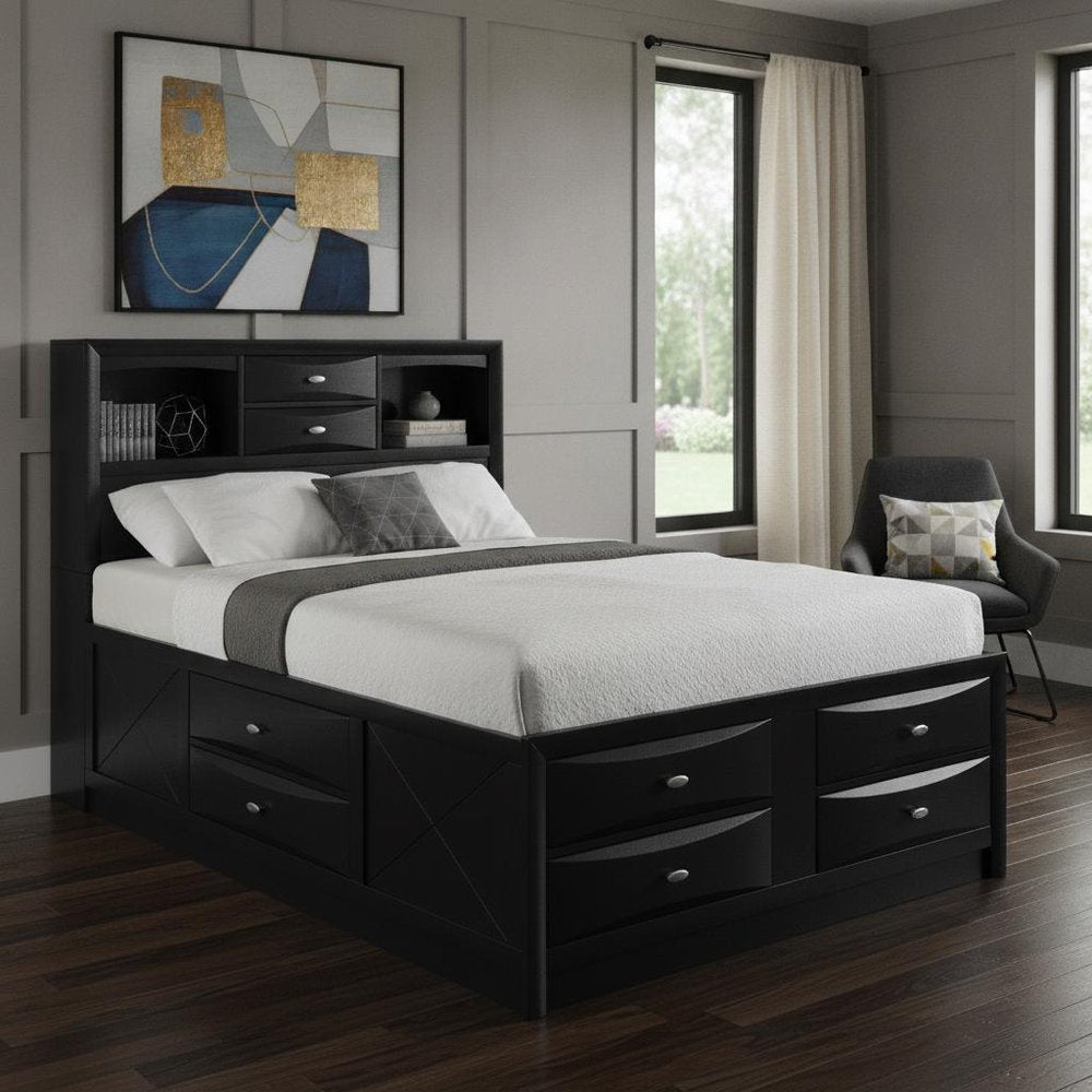 Black Solid Wood Queen Bed Frame With Eight Drawers — view 6