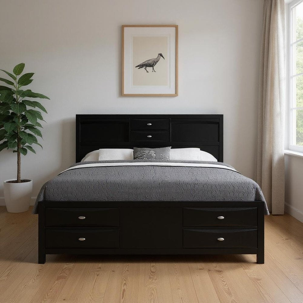 Black Carved Abstract Solid Wood King Bed Frame With Drawers HomeRoots