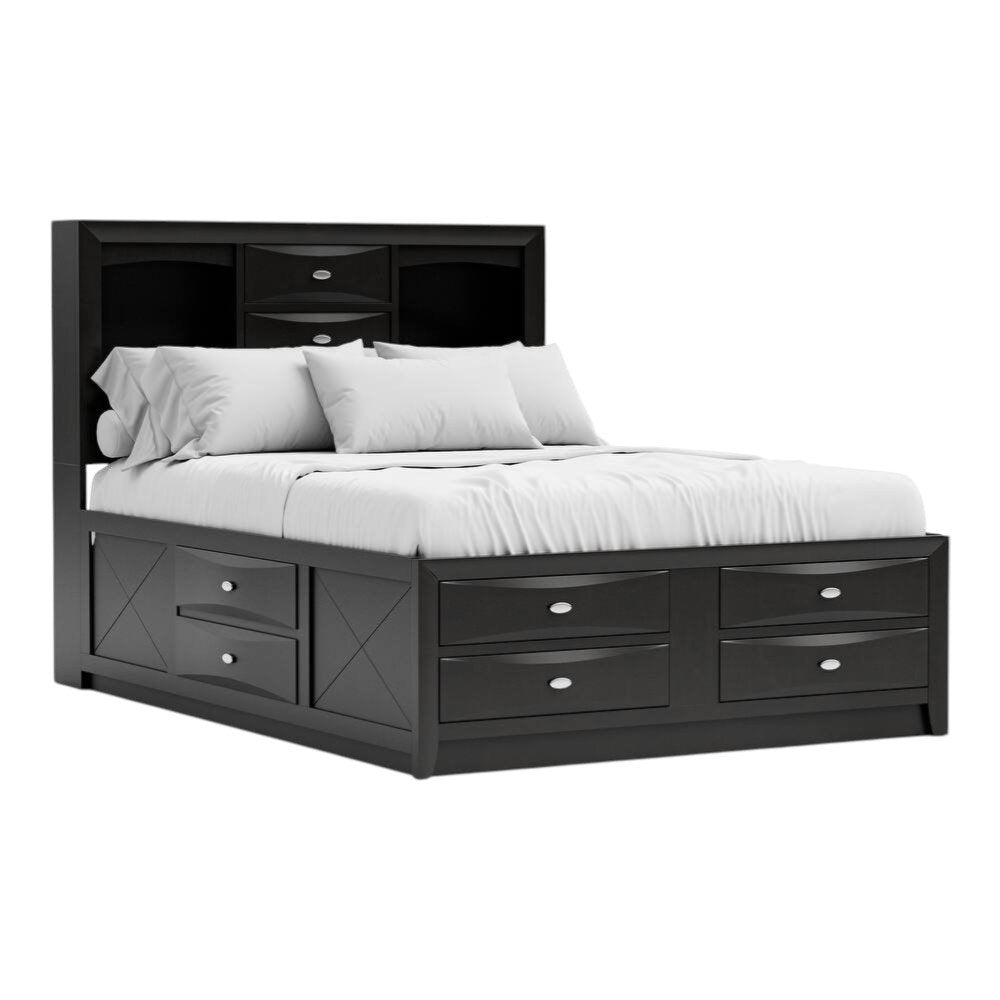 Black Carved Abstract Solid Wood King Bed Frame With Drawers HomeRoots